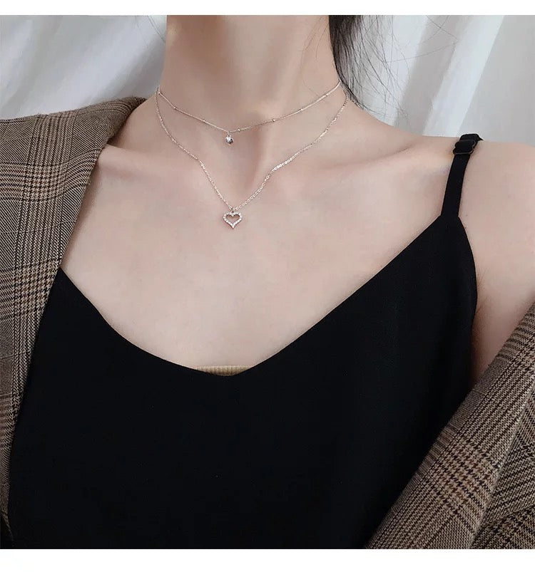 925 Sterling Silver Double Layer Love Heart Necklace