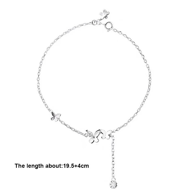 925 Sterling Silver Butterfly Flower Tassel Anklet Bracelet