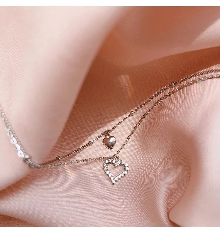 925 Sterling Silver Double Layer Love Heart Necklace