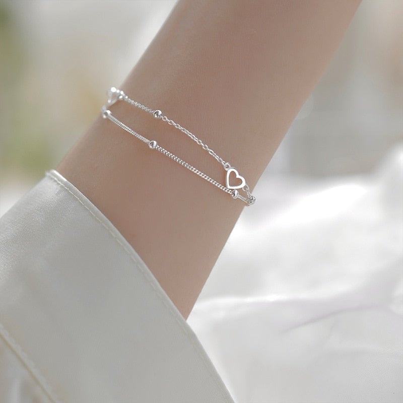 925 Silver Double Layers Beaded Hearts & Charm Adjustable Bracelet
